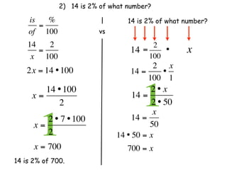 2) 14 is 2% of what number?

    is   %                         14 is 2% of what number?
       =
    of 100                 vs
    14   2                                  2
       =                            14   =     •    x
     x 100                                 100
                                          2 x
    2x = 14 • 100                   14 =    •
                                         100 1

     x=
        14 • 100
           2
                                    14 =
                                         1
                                         2 • x  
                                         2 • 50
                                          x
      x=
        12 • 7 • 100
         2              
      x = 700
                                    14 =
                                         50
                                14 • 50 = x
                                   700 = x
14 is 2% of 700.
 