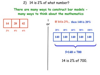 2) 14 is 2% of what number?

     There are many ways to construct bar models -
       many ways to think about the mathematics

                              If 14 is 2%, then 140 is 20%
14   28   42            or
2%   4%   6%                  20%   40%   60%   80%    100%


                              140   140   140   140    140




                              ⎧
                              ⎪
                              ⎨
                              ⎪
                              ⎩
                                      5•140 = 700

                                    14 is 2% of 700.
 