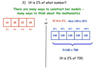 2) 14 is 2% of what number?

     There are many ways to construct bar models -
       many ways to think about the mathematics

                              If 14 is 2%, then 140 is 20%
14   28   42   56       or
2%   4%   6%   8%             20%   40%   60%   80%    100%


                              140   140   140   140    140




                              ⎧
                              ⎪
                              ⎨
                              ⎪
                              ⎩
                                      5•140 = 700

                                    14 is 2% of 700.
 