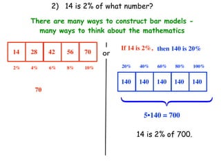 2) 14 is 2% of what number?

     There are many ways to construct bar models -
       many ways to think about the mathematics

                                If 14 is 2%, then 140 is 20%
14   28    42   56   70    or
2%   4%    6%   8%   10%        20%   40%   60%   80%    100%


                                140   140   140   140    140
      70




                                ⎧
                                ⎪
                                ⎨
                                ⎪
                                ⎩
                                        5•140 = 700

                                      14 is 2% of 700.
 
