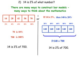 2) 14 is 2% of what number?

       There are many ways to construct bar models -
         many ways to think about the mathematics

                                     If 14 is 2%, then 140 is 20%
14     28    42      56   70    or
2%      4%   6%      8%   10%        20%   40%   60%   80%    100%


                                     140   140   140   140    140
         70 is 10%




                                     ⎧
                                     ⎪
                                     ⎨
                                     ⎪
                                     ⎩
       700 is 100%
                                             5•140 = 700

     14 is 2% of 700.                      14 is 2% of 700.
 