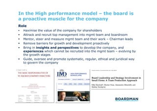 In the High performance model – the board is
a proactive muscle for the company
Role
 

Maximise the value of the company for shareholders

 
 
 
 

Attrack and recruit top management into mgmt team and boardroom
Mentor, steer and measure mgmt team and their work – Chairman leads
Remove barriers for growth and development proactively
Bring in insights and perspectives to develop the company, and
experiences which cannot be recruited into the mgmt team – evolving by
the growth stages
Guide, oversee and promote systematic, regular, ethical and juridical way
to govern the company

 

 
