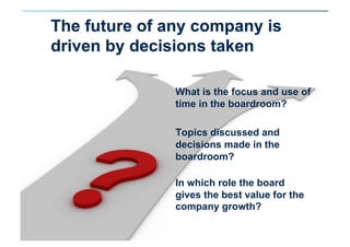 The future of any company is
driven by decisions taken
What is the focus and use of
time in the boardroom?
Topics discussed and
decisions made in the
boardroom?
In which role the board
gives the best value for the
company growth?

 