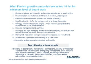 What Finnish growth companies see as top 10 list for
minimum level of board work
1.  Meeting practices, working order and meeting agendas are in good rhythm
2.  Documentation and materials at DD-level at all times, undersigned
3.  Composition of the board is planned and include external(s)
4.  Equal treatment – its for the company, not for a single shareholder
5.  Strategy, implementation and targets – know when issues relate to the
strategy when to the implementation
6.  Financial management and cash flow
7.  Picking up the right Managing director to run the company and evaluate his/
her performance and skills, also successor planning
8.  HR mgmt & Motivation, basic processes around people and recruitment
9.  Shareholders’ agreement and checking of it, clear rules
10.  Rewarding and compensation structure and models

Top 10 best practices include
Diversity in boardroom, networking+connections, quality of meetings
+preparation, inspiring and energizing atmosphere, clear will and
goal from shareholders, ST+LT targets, financing+innovation
+strategy in balance, focus+lean+fail-fast, customer+sales
orientation, meaningful mission
Source: Boardman2020 study: Kaaoksesta Kasvuun 2013

 