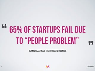@aurorakb2
65% of startups fail due
to “People Problem”
“
”Noam Wasserman, The Founders Dilemma
 