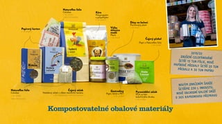 Kompostovatelné obalové materiály
Papírový karton
> do papíru
Čajový sáček
Nebělený sáček z vláken textilního banánu
> do bioodpadu nebo kompostu
Dózy na koření
Pocínovaný plech
> do kovů
Gastrodózy
Papír, hliník a PET
> do směsi
Víčko
sklenice
medů
Plech
> do kovů
Čajový přebal
Papír a Natureflex folie
> do směsi
Natureflex folie
Celulóza
> do směsi
nebo kompostu
Natureflex folie
Celulóza
> do směsi
nebo kompostu
Pyramidální sáček
PLA na bázi
kukuřičného škrobu
> do směsi
Káva
Polypropylen
a polyethylen
> do plastů
2019/20
ZRUŠENÍ CELOFÁNOVÁNÍ
ŠETŘÍ 15 TUN FÓLIE, NOVÉ
PAPÍROVÉ PŘEBALY ŠETŘÍ 20 TUN
PŘEBALU A 30 TUN PAPÍRU
NOVÝM ZNAČENÍM ŠARŽE
ŠETŘÍME 250 L INKOUSTU,
NOVÉ OBCHODNÍ BALENÍ SNÍŽÍ
O 30% KAMIONOVOU PŘEPRAVU
 