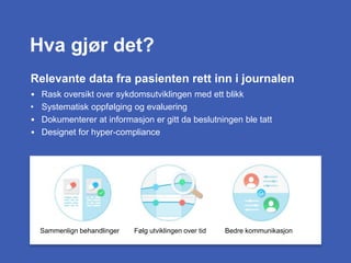 Relevante data fra pasienten rett inn i journalen
• Rask oversikt over sykdomsutviklingen med ett blikk
• Systematisk oppfølging og evaluering
• Dokumenterer at informasjon er gitt da beslutningen ble tatt
• Designet for hyper-compliance
Hva gjør det?
Sammenlign behandlinger Følg utviklingen over tid Bedre kommunikasjon
 