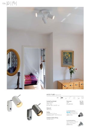 176
ASTO TUBE Design by CDC
Sockel/Leuchtmittel:
GU10 (excl.)
50W max.
bis max. Ø/L: 6,4/8,1 cm
Material:
Aluminium
Maße:
Kopf-Ø/H: 7/12 cm
Rosetten-L/B/H: 13/7/2,5 cm
Zubehör/Lieferumfang:
Schalter (incl.)
Versionen: Art. Nr.:
weiß 146411
alu gebürstet 146416
0,37
230~
350°
90°
Leuchtmittelempfehlung:
35W EnergySaver ≙ 50W, 20°
280lm, CRI 100, EEK=D
575370 2800K
Leuchtmittelempfehlung:
PowerLED 4W, 25°
180lm, 700cd, CRI>80, EEK=A
560013 3000K
 