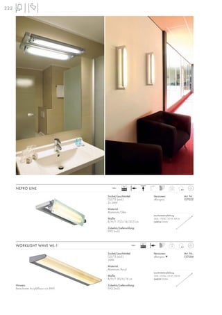 222
Sockel/Leuchtmittel:
G5/T5 (excl.)
2x 24W
Material:
Aluminium/Glas
Maße:
B/H/T: 70,5/14/20,5 cm
Zubehör/Lieferumfang:
EVG (incl.)
Versionen: Art. Nr.:
silbergrau 157052
NEPRO LINE 2,95
230~
350°VG
EEI=A2
Sockel/Leuchtmittel:
G5/T5 (excl.)
39W
Material:
Aluminium/Acryl
Maße:
B/H/T: 90/6/18 cm
Zubehör/Lieferumfang:
EVG (incl.)
Versionen: Art. Nr.:
silbergrau M 157584
WORKLIGHT WAVE WL-1 1,9
230~
VG
EEI=A2
Hinweis:
Berechneter Acryldiffusor von BWF.
Leuchtmittelempfehlung:
39W, 3220lm, CRI 85, EEK=A
548039 3000K
.
Leuchtmittelempfehlung:
24W, 1700lm, CRI 85, EEK=A
548024 3000K
.
 