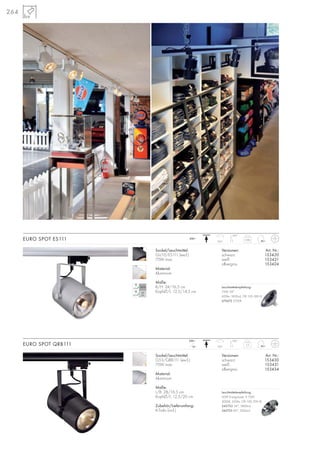 264
Sockel/Leuchtmittel:
GU10/ES111 (excl.)
75W max.
Material:
Aluminium
Maße:
B/H: 24/16,5 cm
Kopf-Ø/L: 12,5/14,5 cm
Versionen: Art. Nr.:
schwarz 153420
weiß 153421
silbergrau 153424
EURO SPOT ES111 0,86
350°
100°
230~
Sockel/Leuchtmittel:
G53/QRB111 (excl.)
75W max.
Material:
Aluminium
Maße:
L/B: 28/16,5 cm
Kopf-Ø/L: 12,5/20 cm
Zubehör/Lieferumfang:
K-Trafo (incl.)
Versionen: Art. Nr.:
schwarz 153430
weiß 153431
silbergrau 153434
EURO SPOT QRB111 2,3
350°
100°
12~
230~
Leuchtmittelempfehlung:
50W EnergySaver ≙ 75W
3000K, 650lm, CRI 100, EEK=B
545752 24°, 5800cd
545753 40°, 2000cd
Leuchtmittelempfehlung:
75W, 24°
430lm, 1600cd, CRI 100, EEK=E
575672 2700K
 