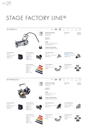 274
STAGE FACTORY LINE®
230~
180°
350°
Sockel/Leuchtmittel:
GU10 (excl.)
50W max.
Material:
Aluminium
Maße:
L/B/H: 16,6/8,2/8,2 cm
Netzkabel-L: 30 cm
Zubehör/Lieferumfang:
Schutzkontaktstecker (incl.)
Versionen: Art. Nr.:
alu 156632
0,3SFL® PAR20 G
230~
180°
350°
Sockel/Leuchtmittel:
GU10/ES111 (excl.)
75W max.
Material:
Aluminium
Maße:
L/B/H: 22/17/17 cm
Netzkabel-L: 1 m
Zubehör/Lieferumfang:
Schutzkontaktstecker (incl.)
Versionen: Art. Nr.:
alu 156722
0,7SFL® PAR36 ES111
Zubehörempfehlung:
Blendklappen
L/B/H: 47/47/2 cm
156822
Zubehörempfehlung:
C-Haken, 1Stk.
Klemmbereich: 5 cm max.
156912
Zubehörempfehlung:
Leuchtenadapter, mech.
Gewinde M8
144980 schwarz
144981 weiß
144984 silbergrau
Zubehörempfehlung:
Steckdose
Mit Einspeisemöglichkeit
145700 schwarz
145701 weiß
Zubehörempfehlung:
Leuchtenadapter, mech.
Gewinde M8
144980 schwarz
144981 weiß
144984 silbergrau
Zubehörempfehlung:
Steckdose
Mit Einspeisemöglichkeit
145700 schwarz
145701 weiß
Zubehörempfehlung:
Farbfolien, L/B: 75/50 cm
156914 gelb
156915 grün
156916 rot
156917 blau
156919 orange
Zubehörempfehlung:
Blendklappen
L/B/H: 21,5/21,5/1 cm
156812
Zubehörempfehlung:
C-Haken, 1Stk.
Klemmbereich: 3,5 cm max.
156902
Zubehörempfehlung:
Farbfolien, L/B: 75/50 cm
156914 gelb
156915 grün
156916 rot
156917 blau
156919 orange
Leuchtmittelempfehlung:
50W, 50°
280lm, 460cd, CRI 100, EEK=E
575510 2700K
Leuchtmittelempfehlung:
75W, 24°
430lm, 1600cd, CRI 100, EEK=E
575672 2700K
Leuchtmittelempfehlung:
PowerLED 6W, 25°
320lm, 1100cd, CRI 80, EEK=A
560103 3000K
Leuchtmittelempfehlung:
PowerLED 9,6W, 20°
650lm, CRI 82, EEK=A+
550342 3000K
 