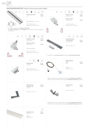 302
0,09
Längsverbinder Einbau
inkl. Längsversteifer Art. Nr.:
weiß/nickel matt 143271
L/B/H: 6,5/1,8/1,7 cm
Der Verbinder wird in der Schiene montiert, der Stabilisator auf der Rückseite der Schiene.
0,41
Einspeiser 1 Einbau Art. Nr.:
weiß, Erde links 143231
Einspeiser 2 Einbau
weiß, Erde rechts 143241
L/B/H: 10,8/5,5/2 cm
sichtbare L/B/H: 7/5,5/0,2 cm
1 2
Eck-Verbinder 1 Einbau Art. Nr.:
weiß, Erde außen 143251
Eck-Verbinder 2 Einbau
weiß, Erde innen 143261
Mit Einspeisemöglichkeit.
L/B/H: 11,2/11,2/2 cm
sichtbare L/B/H: 7,5/7,5/0,2 cm
BASISKOMPONENTEN 1Phasen HV-Stromschienensystem EINBAU
1Phasen-Schiene Einbau
weiß
Materialstärke Decke: 14 mm max.
L/B/H: 200/5,5/1,8 cm
sichtbare L/B/H: 200/5,5/0,2 cm
6,5/3,5
16A
max. 1,7
230~
230~
16A
max.
Die Angaben beziehen sich auf Montage in solider Decke.
Bei Montage in Hohldecken wird der Haltebügel (143230) benötigt – in diesem Fall beträgt die
Einbautiefe 4 cm!
1,16
200/41,6
16A
max.
230~
1 2
5,5 cm
3,5 cm
1,8 cm
0,07
6,5/6,5
16A
max. 1,7
230~
0,01
Stabilisator Einbau
Eckverbinder lang
nickel matt
L/B/H: 11,5/11,5/1,3 cm
Art. Nr.:
143152
Endkappe Einbau Art. Nr.:
weiß/2 Stk. 143281
L/B/H: 2,7/5,5/1,8 cm
sichtbare L/B/H: 1,6/5,5/0,2 cm
Abdeckung Einbau Art. Nr.:
weiß/2 Stk. 143291
Kunststoff
L/B: 100/1,8 cm
0,4/3,51,6
0,04
Haltebügel Einbau Art. Nr.:
nickel matt 143230
L/B/H: 7,5/1,5/4 cm
Deckenabhängung
Einbau
weiß
Pendel-L: 3 m
Fuß-Ø/H: 1,4/2 cm
Art. Nr.:
143141
Benötigt zur Verstärkung bei Montage mehrerer Schienen den Längsverbinder inkl. Stabilisator
(143271). Optional zur Verstärkung bei Eckmontage der Stabilisator Eckverbinder lang (143152).
Benötigt zur Verstärkung bei Montage mehrerer Schienen den Längsverbinder inkl. Stabilisator
(143271). Optional zur Verstärkung bei Eckmontage der Stabilisator Eckverbinder lang (143152).
Art. Nr.:
143221
7
7,5
1,6
5,5
7,5
5,5
 