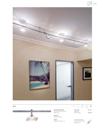 321
12~ 0,17
350°
Sockel/Leuchtmittel:
G6,35/Stiftsockel (excl.)
35W max.
Material:
Aluminium/Glas
Maße:
L/B/H: 12/8/6,5 cm
Versionen: Art. Nr.:
silbergrau
Glas satiniert 138211
SAIL
Leuchtmittelempfehlung:
35W, 595lm, CRI 100, EEK=C
512235 2700K
 