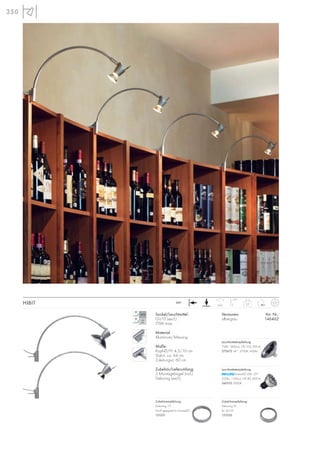 350
Sockel/Leuchtmittel:
GU10 (excl.)
75W max.
Material:
Aluminium/Messing
Maße:
Kopf-Ø/H: 4,3/10 cm
Stab-L: ca. 44 cm
Zuleitungs-L: 60 cm
Zubehör/Lieferumfang:
2 Montagebügel (incl.)
Dekoring (excl.)
Versionen: Art. Nr.:
silbergrau 146462
HIBIT 0,3
270°
110°
230~
Zubehörempfehlung:
Dekoring 111
Nicht geeignet für DomeLED
151051
Zubehörempfehlung:
Dekoring 51
für GU10
151050
Leuchtmittelempfehlung:
75W, 1600cd, CRI 100, EEK=E
575672 24°, 2700K, 430lm
Leuchtmittelempfehlung:
PowerLED 6W, 25°
320lm, 1100cd, CRI 80, EEK=A
560103 3000K
 