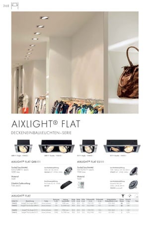 368
AIXLIGHT® FLAT
Spannung Leistung Länge Breite Höhe Einbaumaße Einbautiefe Materialstärke Schutz- Gewicht
Artikel Nr. Bezeichnung Farbe in AC Leuchtmittel in cm in cm in cm in cm in cm Einbaufläche in mm klasse in kg Preis
154622 Aixlight®
Flat Single QRB111 chrom/schwarz 12V 50W max. 20,5 20,5 9,5 17,0/17,0 9,5 10,0–24,0 III 0,95
154632 Aixlight®
Flat Double QRB111 chrom/schwarz 12V 2x 50W max. 39,0 21,0 9,5 35,5/18,0 9,5 5,0–24,0 III 1,80
154602 Aixlight®
Flat Single ES111 chrom/schwarz 230V 75W max. 20,5 20,5 15,0 17,0/17,0 15,0 10,0–24,0 I 1,25
154612 Aixlight®
Flat Double ES111 chrom/schwarz 230V 2x 75W max. 39,0 21,0 15,5 35,5/18,0 15,0 5,0–24,0 I 2,25
Sockel/Leuchtmittel:
G53/QRB111 (excl.)
50W max.
Material:
Stahl
Zubehör/Lieferumfang:
Trafo (excl.)
AIXLIGHT® FLAT QRB111
Sockel/Leuchtmittel:
GU10/ES111 (excl.)
75W max.
Material:
Stahl
AIXLIGHT® FLAT ES111
AIXLIGHT® FLAT
Anschlussempfehlung:
FN E-Trafo 02, 20–105VA
461107
QRB111 Single | 154622 | QRB111 Double | 154632 | ES111 Single | 154602 | ES111 Double | 154612 |
DECKENEINBAULEUCHTEN–SERIE
Leuchtmittelempfehlung:
50W, CRI 100, EEK=D
543545 45°, 2700K, 430lm
Leuchtmittelempfehlung:
75W, 1600cd, CRI 100, EEK=E
575672 24°, 2700K, 430lm
Leuchtmittelempfehlung:
DomeLED 9W, 60°
230Im, CRI 80, EEK=A
550392 warmweiß
 
