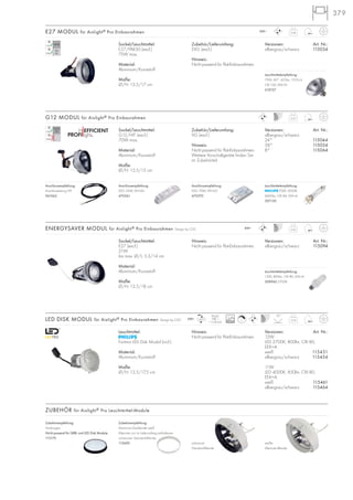 379
Sockel/Leuchtmittel:
E27/PAR30 (excl.)
75W max.
Material:
Aluminium/Kunststoff
Maße:
Ø/H: 13,5/17 cm
Zubehör/Lieferumfang:
EVG (excl.)
Hinweis:
Nicht passend für Flat-Einbaurahmen.
Versionen: Art. Nr.:
silbergrau/schwarz 115034
E27 MODUL für Aixlight® Pro Einbaurahmen 0,46
230~
Sockel/Leuchtmittel:
G12/HIT (excl.)
70W max.
Material:
Aluminium/Kunststoff
Maße:
Ø/H: 13,5/15 cm
Zubehör/Lieferumfang:
VG (excl.)
Hinweis:
Nicht passend für Flat-Einbaurahmen.
Weitere Vorschaltgeräte finden Sie
im Zubehörteil.
Versionen: Art. Nr.:
silbergrau/schwarz
24° 115044
58° 115054
8° 115064
G12 MODUL für Aixlight® Pro Einbaurahmen 0,37
Sockel/Leuchtmittel:
E27 (excl.)
21W
bis max. Ø/L: 5,3/14 cm
Material:
Aluminium/Kunststoff
Maße:
Ø/H: 13,5/18 cm
Versionen: Art. Nr.:
silbergrau/schwarz 115094
ENERGYSAVER MODUL für Aixlight® Pro Einbaurahmen Design by CDC 0,43
0,74
230~
Leuchtmittel:
Fortimo LED Disk Modul (incl.)
Material:
Aluminium/Kunststoff
Maße:
Ø/H: 13,5/17,5 cm
Hinweis:
Nicht passend für Flat-Einbaurahmen.
Hinweis:
Nicht passend für Flat-Einbaurahmen.
Versionen: Art. Nr.:
12W
LED 2700K, 800lm, CRI 80,
EEK=A
weiß 115451
silbergrau/schwarz 115454
11W
LED 4000K, 850lm, CRI 80,
EEK=A
weiß 115461
silbergrau/schwarz 115464
LED DISK MODUL für Aixlight® Pro Einbaurahmen Design by CDC 230~
Anschlussempfehlung:
EVG 35W, EEI=A2
470361
Anschlussempfehlung:
EVG 70W, EEI=A2
470370
Anschlussempfehlung:
Anschlussleitung HV
961062
Modul
1 COB LED
50°
ZUBEHÖR für Aixlight® Pro Leuchtmittel-Module
Zubehörempfehlung:
Aluminium-Zierblende weiß
Alternativ zur im Lieferumfang enthaltenen
schwarzen Standard-Blende.
115600 weiße
Alternativ-Blende
Zubehörempfehlung:
Strukturglas
Nicht passend für QRB- und LED Disk Module.
115170
schwarze
Standard-Blende
Leuchtmittelempfehlung:
75W, 40°, 625lm, 1325cd
CRI 100, EEK=D
519737
Leuchtmittelempfehlung:
70W, 3000K
6600lm, CRI 84, EEK=A
507130
Leuchtmittelempfehlung:
15W, 800lm, CRI 80, EEK=A
508960 2700K
50000 L
 