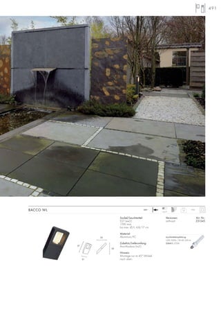 491
230~ 1,9 IP44
Sockel/Leuchtmittel:
E27 (excl.)
15W max.
bis max. Ø/L: 4,8/17 cm
Material:
Aluminium/PC
Zubehör/Lieferumfang:
Anschlussbox (incl.)
Hinweis:
Montage nur im 45°-Winkel
nach oben.
Versionen: Art. Nr.:
anthrazit 231345
BACCO WL max.9
30
21
37
26 Leuchtmittelempfehlung:
15W, 900lm, CRI>80, EEK=A
508415 2700K
 