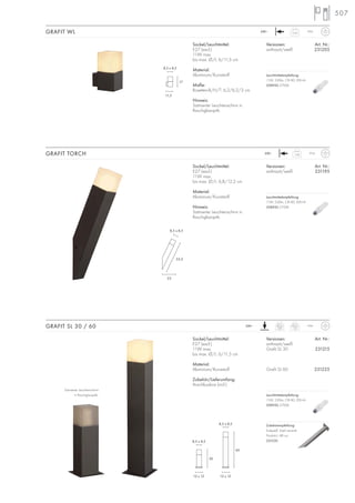 507
GRAFIT WL 0,52
IP44230~
GRAFIT SL 30 / 60 IP44230~ 30cm
0,8
60cm
1,4
Sockel/Leuchtmittel:
E27 (excl.)
11W max.
bis max. Ø/L: 6,8/12,2 cm
Material:
Aluminium/Kunststoff
Hinweis:
Satinierter Leuchtenschirm in
Rauchglasoptik.
GRAFIT TORCH
Versionen: Art. Nr.:
anthrazit/weiß 231195
230~ IP441,06
17
11,5
8,5 x 8,5
30
60
12 x 12
8,5 x 8,5
8,5 x 8,5
12 x 12
Sockel/Leuchtmittel:
E27 (excl.)
11W max.
bis max. Ø/L: 6/11,5 cm
Material:
Aluminium/Kunststoff
Maße:
Rosetten-B/H/T: 6,2/6,2/3 cm
Hinweis:
Satinierter Leuchtenschirm in
Rauchglasoptik.
Versionen: Art. Nr.:
anthrazit/weiß 231205
Versionen: Art. Nr.:
anthrazit/weiß
Grafit SL 30 231215
Grafit SL 60 231225
Sockel/Leuchtmittel:
E27 (excl.)
11W max.
bis max. Ø/L: 6/11,5 cm
Material:
Aluminium/Kunststoff
Zubehör/Lieferumfang:
Anschlussbox (incl.)
Zubehörempfehlung:
Erdspieß, Stahl verzinkt
Produkt-L: 48 cm
231230
Satinierter Leuchtenschirm
in Rauchglasoptik.
53,5
23
8,5 x 8,5
Leuchtmittelempfehlung:
11W, 530lm, CRI 80, EEK=A
508950 2700K
Leuchtmittelempfehlung:
11W, 530lm, CRI 80, EEK=A
508950 2700K
Leuchtmittelempfehlung:
11W, 530lm, CRI 80, EEK=A
508950 2700K
 