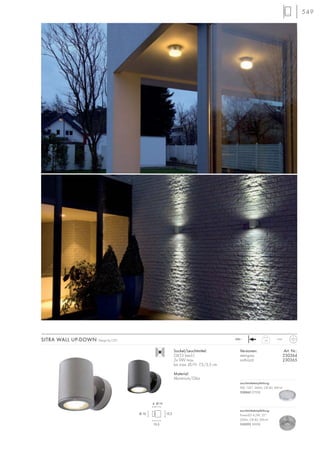 549
Sockel/Leuchtmittel:
GX53 (excl.)
2x 9W max.
bis max. Ø/H: 7,5/3,5 cm
Material:
Aluminium/Glas
Versionen: Art. Nr.:
steingrau 230364
anthrazit 230365
SITRA WALL UP-DOWN Design by CDC 1,4
IP44230~
Ø104
Ø 10 12,5
15,5
Leuchtmittelempfehlung:
PowerLED 4,2W, 35°
200lm, CRI 80, EEK=A
550092 3000K
Leuchtmittelempfehlung:
9W, 120°, 260lm, CRI 80, EEK=A
508860 2700K
 
