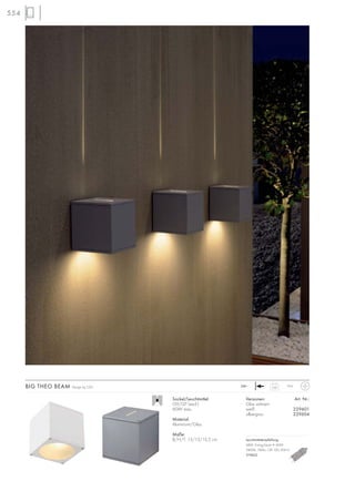 554
0,82
IP44230~
Sockel/Leuchtmittel:
G9/QT (excl.)
60W max.
Material:
Aluminium/Glas
Maße:
B/H/T: 13/13/13,5 cm
Versionen: Art. Nr.:
Glas satiniert
weiß 229601
silbergrau 229604
BIG THEO BEAM Design by CDC
Leuchtmittelempfehlung:
48W, EnergySaver ≙ 60W
2800K, 740lm, CRI 100, EEK=C
519452
 