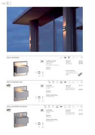 568
Leuchtmittel:
PowerLED (incl.)
2x 1W
Material:
Aluminium
Zubehör/Lieferumfang:
LED-Treiber (incl.)
Versionen: Art. Nr.:
silbergrau
LED 2700K, 73lm,
CRI 85, EEK=A++ 227252
DACU UP-DOWN LED BEAM
Leuchtmittel:
PowerLED (incl.)
2x 1W
Material:
Aluminium
Zubehör/Lieferumfang:
LED-Treiber (incl.)
Versionen: Art. Nr.:
silbergrau
LED 2700K, 73lm,
CRI 85, EEK=A++ 227262
DACU UP-DOWN LED
Sockel/Leuchtmittel:
G9/QT (excl.)
40W max.
bis max. Ø/L: 1,4/4,3 cm
Material:
Aluminium
DACU UP-DOWN
Versionen: Art. Nr.:
silbergrau 227132
alu gebürstet 227136
0,5
IP44
mA
350
230~
mA
350
230~
0,55 IP44
LED
2Stk.
120°
0,55 IP44
LED
2Stk.
230~
120°8°
Beam Flood
13
13 6,5
13
13 6,5
13
13 6,5
30000
30000
Leuchtmittelempfehlung:
33W EnergySaver ≙ 40W
2700K, 460lm, CRI 100, EEK=C
519451
 