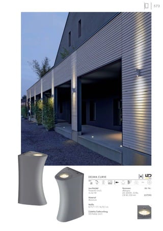 573
Leuchtmittel:
PowerLED (incl.)
2x 4x1W
Material:
Aluminium
Maße:
B/H/T: 7,7/16/8,5 cm
Zubehör/Lieferumfang:
LED-Treiber (incl.)
Versionen: Art. Nr.:
silbergrau
LED 4000K, 325lm,
CRI 80, EEK=A+ 227290
DELWA CURVE
0,45
IP44
LED
8Stk.
25°
mA
350
230~
30000
 