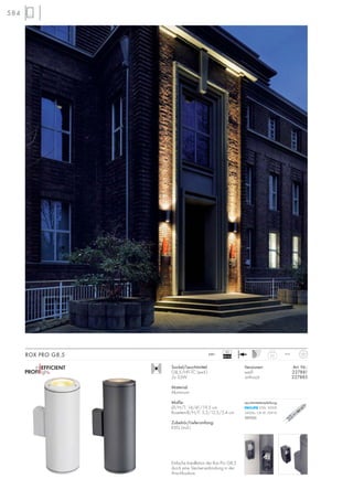 5,5
IP44230~
Sockel/Leuchtmittel:
G8,5/HIT-TC (excl.)
2x 35W
Material:
Aluminium
Maße:
Ø/H/T: 14/41/19,5 cm
Rosetten-B/H/T: 5,2/12,5/5,4 cm
Zubehör/Lieferumfang:
KVG (incl.)
Versionen: Art. Nr.:
weiß 227881
anthrazit 227885
ROX PRO G8,5
Einfache Installation der Rox Pro G8,5
durch eine Steckerverbindung in der
Anschlussbox.
VG
EEI=A3
584
Leuchtmittelempfehlung:
35W, 3000K
3400lm, CRI 81, EEK=A
507035
 