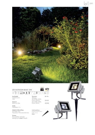 591
90°
0,5
IP65
100°
230~
Versionen: Art. Nr.:
silbergrau
LED 5700K, 800lm,
CRI 70, EEK=A+ 231101
LED 3500K, 690lm,
CRI 65, EEK=A 231102
Leuchtmittel:
COB LED (incl.)
10W
Material:
Aluminium/Glas
Maße:
Netzkabel-L: 2 m
Zubehör/Lieferumfang:
LED-Treiber (incl.)
Netzstecker: IP-Schutzkontakt (incl.)
Hinweis:
Wir empfehlen die Boden-
befestigung mit einem Erdspieß.
LED OUTDOOR BEAM 10W
30000
Zubehörempfehlung:
Erdspieß, Kunststoff, schwarz
Spieß-L: 17,5 cm
900011
LED
1Stk.
 