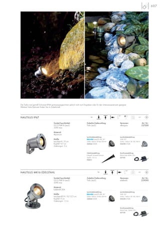 607
Versionen: Art. Nr.:
silbergrau 227500
Sockel/Leuchtmittel:
G5,3/MR16 (excl.)
35W max.
Material:
Aluminium
Maße:
Leuchten-H: 10 cm
Kopf-Ø: 9,7 cm
Zuleitungs-L: 3 m
Zubehör/Lieferumfang:
Trafo (excl.)
NAUTILUS IP67
Sockel/Leuchtmittel:
G5,3/MR16 (excl.)
35W max.
Material:
Edelstahl 304
Maße:
Leuchten-Ø/H: 10/12,5 cm
Kopf-Ø: 9 cm
Zuleitungs-L: 1,5 m
Zubehör/Lieferumfang:
Trafo (excl.)
NAUTILUS MR16 EDELSTAHL
Versionen: Art. Nr.:
edelstahl 229090
0,54
IP67
7
180°
12~
0,85
IP67
180°
12~
Die Trafos sind gemäß Schutzart IP44 spritzwassergeschützt, jedoch nicht zum Eingraben oder für den Unterwassereinsatz geeignet.
Weitere Trafo-Optionen finden Sie im Zubehörteil.
Zubehörempfehlung:
Erdspieß, Kunststoff schwarz
Spieß-L: 17,5 cm
900011
Anschlussempfehlung:
IP44 K-Trafo 60VA/12V~
227160
Anschlussempfehlung:
IP44 K-Trafo 150VA/12V~
227150
Leuchtmittelempfehlung:
PowerLED 4W, 36°
220lm, 660cd, CRI 80, EEK=A+
560044 3000K
Leuchtmittelempfehlung:
PowerLED 4W, 36°
220lm, 660cd, CRI 80, EEK=A+
560044 3000K
Leuchtmittelempfehlung:
35W, 30°
355lm, 1140cd, CRI 100, EEK=C
536338 2700K
Leuchtmittelempfehlung:
35W, 30°
355lm, 1140cd, CRI 100, EEK=C
536338 2700K
 