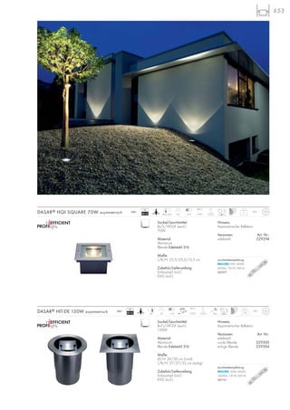 653
9-12
7
IP67
17,5
88°C
230~
24,5/24,5
7-12
9,6
IP67
3929
99°C 2 t
20 J
230~
Sockel/Leuchtmittel:
Rx7s/HIT-DE (excl.)
70W
Material:
Aluminium
Blende Edelstahl 316
Maße:
L/B/H: 25,5/25,5/15,5 cm
Zubehör/Lieferumfang:
Einbautopf (incl.)
KVG (incl.)
DASAR® HQI SQUARE 70W asymmetrisch
Hinweis:
Asymmetrischer Reflektor
Versionen: Art. Nr.:
edelstahl 229294
Sockel/Leuchtmittel:
Rx7s/HIT-DE (excl.)
150W
Material:
Aluminium
Blende Edelstahl 316
Maße:
Ø/H: 26/30 cm (rund)
L/B/H: 27/27/32 cm (eckig)
Zubehör/Lieferumfang:
Einbautopf (incl.)
KVG (incl.)
DASAR® HIT-DE 150W asymmetrisch
Hinweis:
Asymmetrischer Reflektor.
Versionen: Art. Nr.:
edelstahl
runde Blende 229300
eckige Blende 229304
2 tVG
EEI=A3
VG
EEI=A3
Leuchtmittelempfehlung:
70W, 4200K
6000lm, CRI 92, EEK=A
507071
Leuchtmittelempfehlung:
150W, 4200K
14200lm, CRI 96, EEK=A
507151
 