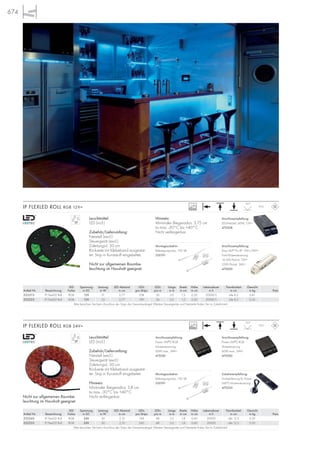 IP FLEXLED ROLL RGB 12V=
120°
IP55
IP FLEXLED ROLL RGB 24V=
120°
IP55
674
Leuchtmittel:
LED (incl.)
Zubehör/Lieferumfang:
Netzteil (excl.)
Steuergerät (excl.)
Zuleitungs-L: 50 cm
Rückseite mit Klebeband ausgestat-
tet. Strip in Kunststoff eingebettet.
Hinweis:
Minimaler Biegeradius: 3,8 cm
ta max. -30°C bis +40°C
Nicht verlängerbar.
Zubehörempfehlung:
Fernbedienung für Power
LIM®
2 Mastersteuerung
470520
Leuchtmittel:
LED (incl.)
Zubehör/Lieferumfang:
Netzteil (excl.)
Steuergerät (excl.)
Zuleitungs-L: 50 cm
Rückseite mit Klebeband ausgestat-
tet. Strip in Kunststoff eingebettet.
Nicht zur allgemeinen Raumbe-
leuchtung im Haushalt geeignet.
Hinweis:
Minimaler Biegeradius: 3,75 cm
ta max. -30°C bis +40°C
Nicht verlängerbar.
LED Spannung Leistung LED Abstand LEDs LEDs Länge Breite Höhe Lebensdauer Trennbarkeit Gewicht
Artikel Nr. Bezeichnung Farbe in DC in W in cm pro Strips pro m in m in cm in cm in h in cm in kg Preis
552243 IP FlexLED Roll RGB 24V 30 2,10 144 48 3,0 1,8 0,40 20000 alle 12,5 0,30
552253 IP FlexLED Roll RGB 24V 50 2,10 240 48 5,0 1,8 0,40 20000 alle 12,5 0,50
Bitte beachten Sie beim Anschluss der Strips die Gesamtwattage! Weitere Steuergeräte und Netzteile finden Sie im Zubehörteil.
Anschlussempfehlung:
Easy LIM®
Pro RF 12V=/24V=
Funk-Mastersteuerung
16,5W/Kanal, 12V=
33W/Kanal, 24V=
470600
Anschlussempfehlung:
LED-Netzteil, 60W, 12V=
470508
Anschlussempfehlung:
Power LIM®
2 RGB
Mastersteuerung
60W max., 24V=
470581
Anschlussempfehlung:
Power LIM®
2 RGB
Slavesteuerung
60W max., 24V=
470582
LED Spannung Leistung LED Abstand LEDs LEDs Länge Breite Höhe Lebensdauer Trennbarkeit Gewicht
Artikel Nr. Bezeichnung Farbe in DC in W in cm pro Strips pro m in m in cm in cm in h in cm in kg Preis
552213 IP FlexLED Roll RGB 12V 21 2,77 108 36 3,0 1,2 0,50 20000 h alle 8,3 0,41
552223 IP FlexLED Roll RGB 12V 35 2,77 180 36 5,0 1,2 0,50 20000 h alle 8,3 0,56
Bitte beachten Sie beim Anschluss der Strips die Gesamtwattage! Weitere Steuergeräte und Netzteile finden Sie im Zubehörteil.
Montagezubehör:
Befestigungsclips, 100 Stk.
550191
Montagezubehör:
Befestigungsclips, 100 Stk.
550191
20000
20000
Nicht zur allgemeinen Raumbe-
leuchtung im Haushalt geeignet.
 