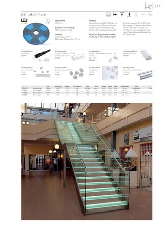 675
IP550,46
LED Spannung Leistung LED Abstand LEDs LEDs Länge Breite Höhe Trennbarkeit Farb-
Artikel Nr. Bezeichnung Farbe in DC in W in cm pro Strip pro m in m in cm in cm in cm wiedergabe Preis
233001 LED Tubelight 5000K 24V 14,4 2,8 360 36 10,0 0,55 0,35 alle 16,7 CRI 65
233002 LED Tubelight 3000K 24V 14,4 2,8 360 36 10,0 0,55 0,35 alle 16,7 CRI 65
233007 LED Tubelight blau 24V 14,4 2,8 360 36 10,0 0,55 0,35 alle 16,7 –
Montagezubehör:
Einspeise-Set
233011
Montagezubehör:
Montageclips
100 Stk.
233010
Montagezubehör:
PC- Rohr, 2-m-Stück, 10 x 10 mm
Innenmaß: 0,8 x 0,8 cm
211200
Montagezubehör:
Längsverbinder IP55
10 Stk.
233012
Leuchtmittel:
LED (incl.)
Zubehör/Lieferumfang:
LED-Konverter (excl.)
Hinweis:
Zuleitungs-L: 50 cm
Minimaler Biegeradius: 1,3 cm
Hinweis:
Kunststoffummantelte LED-Strips mit
quadratischem Querschnitt insbe-
sondere zur Anwendung im PC-
Rohr mit dem Treppenstufenprofil.
Nicht zur allgemeinen Raumbe-
leuchtung im Haushalt geeignet.
Es dürfen maximal 20 m LED Tube-
light an einer Einspeisung betrieben
werden. Ab einer Leistung von
>44W muss neu eingespeist wer-
den. Weitere Netzteile finden Sie
im Zubehörteil.
Anschlussempfehlung:
Netzteil 60W, 24V=
470506
Montagezubehör:
Treppenstufenprofil für PC-Rohr
2 m-Stück
213302
LED TUBELIGHT 24V=
Montagezubehör:
Befestigungsclips für PC-Rohr
10 Stk.
211201
Montagezubehör:
LED-Strip Clip-Verbinder, single colour, 1 Stk.
10A max.
12V= /24V=
550560
20000
 