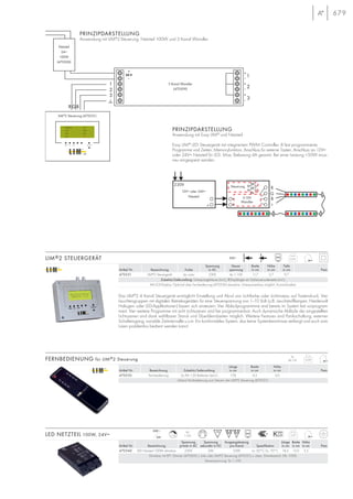 1-10
679
Spannung Steuer- Breite Höhe Tiefe
Artikel Nr. Bezeichnung Farbe in AC spannung in cm in cm in cm Preis
470531 LIM®
2 Steuergerät alu natur 230V 4x 1–10V 11,7 3,7 9,7
Zubehör/Lieferumfang: Unterputzgehäuse (incl.), IR-Empfänger an Gehäusevorderseite (incl.).
Mit LCD-Display. Optional über Fernbedienung (470530) steuerbar. Unterputzeinbau möglich. Kurzschlussfest.
2x
AA 1,5V
230~
Das LIM®
2 4 Kanal Steuergerät ermöglicht Einstellung und Abruf von Lichtfarbe oder Lichtniveau auf Tastendruck. Vier
Leuchtengruppen mit digitalen Betriebsgeräten für eine Steuerspannung von 1–10 Volt (z.B. Leuchtstofflampen, Niedervolt
Halogen- oder LED-Applikationen) lassen sich ansteuern. Vier Ablaufprogrammme sind bereits im System fest vorprogram-
miert. Vier weitere Programme mit acht Lichtszenen sind frei programmierbar. Auch dynamische Abläufe der eingestellten
Lichtszenen sind dank wählbarer Stand- und Überblendzeiten möglich. Weitere Features sind Panikschaltung, externer
Schalteingang, variable Zeitintervalle u.v.m. Ein komfortables System, das keine Systemkenntnisse verlangt und auch vom
Laien problemlos bedient werden kann!
LIM®2 STEUERGERÄT
FERNBEDIENUNG für LIM®2 Steuerung
Länge Breite Höhe
Artikel Nr. Bezeichnung Zubehör/Lieferumfang in cm in cm in cm Preis
470530 Fernbedienung 2x AA 1,5V Batterien (excl.) 17,8 4,3 2,0
Infrarot Fernbedienung zum Steuern der LIM®2 Steuerung (470531).
PRINZIPDARSTELLUNG
Anwendung mit LIM®
2Steuerung, Netzteil 100W und 3 Kanal Wandler.
Netzteil
24=
100W
(470500)
3 Kanal Wandler
(470509)
LIM®
2 Steuerung (470531)
12V= oder 24V=
Netzteil
Steuerung
0-10V
Wandler
PRINZIPDARSTELLUNG
Anwendung mit Easy LIM®
und Netzteil.
Easy LIM®
LED Steuergerät mit integriertem PWM Controller, 8 fest programmierte
Programme und Zeiten, Memoryfunktion, Anschluss für externe Tasten, Anschluss an 12V=
oder 24V= Netzteil für LED. Max. Belastung 4A gesamt. Bei einer Leistung >50W muss
neu eingespeist werden.
0,25
0,09
24=
230~ VA
1-100 0,57
Spannung Spannung Ausgangsleistung Länge Breite Höhe
Artikel Nr. Bezeichnung primär in AC sekundär in DC pro Kanal Spezifikation in cm in cm in cm Preis
470540 LED Netzteil 100W dimmbar 230V 24V 33W ta: 50°C/tc: 70°C 18,5 13,0 3,5
Dimmbar mit EP1 Dimmer (470505) s. links oder LIM®2 Steuerung (470531) s. oben. Dimmbereich: 0%–100%.
Steuerspannung: 3x 1–10V.
LED NETZTEIL 100W, 24V=
 