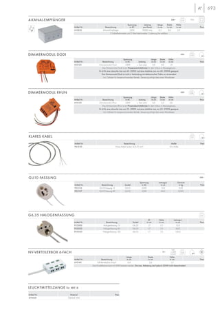 693
Spannung Leistung Länge Breite Höhe
Artikel Nr. Bezeichnung in AC pro Kanal in cm in cm in cm Preis
410850 4-Kanal-Empfänger 230V 900W max. 12,1 8,0 5,9
2 Schließerkontakte und 2 Wechslerkontakte, Codierung frei wählbar.
Spannung Länge Breite Höhe
Artikel Nr. Bezeichnung in AC Leistung in cm in cm in cm Preis
410120 Dimmermodul Dodi 230V s. Text unten 5,0 4,0 1,5
Das Dimmermodul Dodi ist ein Phasenanschnittdimmer für den Einbau in Abzweigdosen.
Es ist für eine ohmsche Last von 60–500W und eine induktive Last von 60–300VA geeignet.
Das Dimmermodul Dodi ist nicht in Verbindung mit elektronischen Trafos zu verwenden!
Incl. Softstart für lampenschonenden Betrieb. Steuerung erfolgt über einen Wandtaster.
Spannung Länge Breite Höhe
Artikel Nr. Bezeichnung in AC Leistung in cm in cm in cm Preis
410130 Dimmermodul Rhun 230V s. Text unten 5,0 3,2 2,0
Das Dimmermodul Rhun ist ein Phasenabschnittdimmer für den Einbau in Abzweigdosen.
Es ist für eine ohmsche Last von 25–300W und eine induktive Last von 25–250VA geeignet.
Incl. Softstart für lampenschonenden Betrieb. Steuerung erfolgt über einen Wandtaster.
Artikel Nr. Bezeichnung Maße Preis
961250 Klares Kabel isoliert 3x 0,75 mm2 10 m Rolle
IP54230~4-KANAL-EMPFÄNGER
230~DIMMERMODUL DODI
230~DIMMERMODUL RHUN
KLARES KABEL
0,25
0,05
0,08
0,51
Spannung Leitungs-L Gewicht
Artikel Nr. Bezeichnung Sockel in AC in cm in kg Preis
955135 GU10 Fassung 15 GU10 230V 15,0 0,02
955137 GU10 Fassung 60 GU10 230V 60,0 0,035
Ø Höhe Leitungs-L
Artikel Nr. Bezeichnung Sockel in cm in cm in cm Preis
955000 Halogenfassung 15 G6,35 1,7 1,0 15,0
955020 Halogenfassung 60 G6,35 1,7 1,0 60,0
955030 Halogenfassung 120 G6,35 1,7 1,0 120,0
230~GU10 FASSUNG
G6,35 HALOGENFASSUNG
max.
2,5mm2
12~NV-VERTEILERBOX 6-FACH
Länge Breite Höhe
Artikel Nr. Bezeichnung in cm in cm in cm Preis
410140 NV-Verteilerbox 6-fach 6,4 2,6 1,5
Eine Einzelklemme kann mit 50W belastet werden. Die max. Belastung darf jedoch 250W nicht überschreiten!
Artikel Nr. Material Preis
470640 Edelstahl 304
0,01
0,04
LEUCHTMITTELZANGE für MR16
 