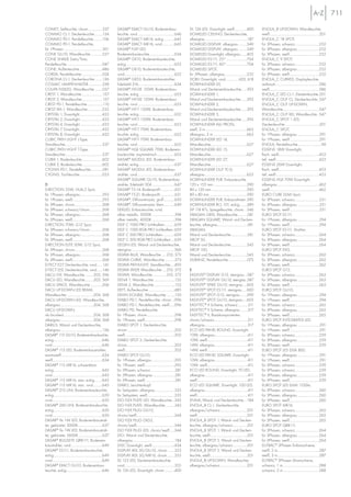 711
COMET, Seilleuchte, chrom.................337
COMMO CL-1, Deckenleuchte..........134
COMMO PD-1, Pendelleuchte...........106
COMMO PD-1, Pendelleuchte,
für 1Phasen ..............................................301
CONE GU10, Wandleuchte..............557
CONE SHADE Satin/Tinto,
Pendelleuchte ..........................................047
CONE, Außenleuchte...........................486
CORDA, Pendelleuchte.........................024
CORONA CL-1, Deckenleuchte .........136
COSMIC LAMPENHALTER ................338
COUPA FLEXLED, Wandleuchte .........037
CREST 1, Wandleuchte.........................157
CREST 2, Wandleuchte.........................157
CREST PD-1, Pendelleuchte...................110
CREST WL-1, Wandleuchte.................235
CRYSTAL 1, Downlight...........................433
CRYSTAL 2, Downlight ..........................433
CRYSTAL 4, Downlight ..........................433
CRYSTAL 7, Downlight...........................432
CRYSTAL 8, Downlight ..........................432
CUBIC PATH LIGHT L-Type,
Standleuchte............................................537
CUBIC PATH LIGHT T-Type,
Standleuchte............................................537
CUBIX 1, Bodenleuchte........................602
CUBIX 2, Bodenleuchte........................602
CYGNIS PD-1, Pendelleuchte..............081
CYGNIS, Tischleuchte...........................053
D
D-RECTION 35W, GU6,5 Spot,
für 1Phasen, silbergrau..........................293
für 1Phasen, weiß...................................293
für 3Phasen, chrom.................................268
für 3Phasen, schwarz/chrom...............268
für 3Phasen, silbergrau..........................268
für 3Phasen, weiß...................................268
D-RECTION 70W, G12 Spot,
für 3Phasen, schwarz/chrom...............268
für 3Phasen, silbergrau..........................268
für 3Phasen, weiß...................................268
D-RECTION ELITE 50W, G12 Spot,
für 3Phasen, chrom.................................268
für 3Phasen, silbergrau..........................268
für 3Phasen, weiß...................................268
D-TECT E27, Deckenleuchte, rund.......141
D-TECT LED, Deckenleuchte, rund.......146
DACU G9, Wandleuchte ..........205, 596
DACU LED, Wandleuchte..........205, 569
DACU SPACE, Wandleuchte ..............206
DACU UP-DOWN LED BEAM,
Wandleuchte ................................204, 568
DACU UP-DOWN LED, Wandleuchte,
silbergrau .......................................204, 568
DACU UP-DOWN,
alu brushed....................................204, 568
silbergrau .......................................204, 568
DARIUS, Wand- und Deckenleuchte,
silbergrau..................................................156
DASAR®
115 GU10, Bodeneinbauleuchte,
eckig..........................................................646
rund ...........................................................646
DASAR®
115 LED, Bodeneinbaustrahler,
warmweiß ................................................634
weiß...........................................................634
DASAR®
115 MR16, schwenkbar,
eckig..........................................................645
rund ...........................................................645
DASAR®
115 MR16, starr, eckig.........645
DASAR®
115 MR16, starr, rund...........645
DASAR®
215 UNI, Bodeneinbauleuchte,
eckig..........................................................650
rund............................................................650
DASAR®
260 UNI, Bodeneinbauleuchte,
eckig..........................................................650
rund............................................................650
DASAR®
9x 1W LED, Bodeneinbaustrah-
ler, gebürstet, 3000K.............................637
DASAR®
9x 1W LED, Bodeneinbaustrah-
ler, gebürstet, 5600K.............................637
DASAR®
BULLSEYE QRB111, Bodenein-
baustrahler, rund.....................................649
DASAR®
ES111, Bodeneinbauleuchte,
eckig..........................................................649
rund ...........................................................649
DASAR®
EXACT GU10, Bodeneinbau-
leuchte, eckig ..........................................646
DASAR®
EXACT GU10, Bodeneinbau-
leuchte, rund............................................646
DASAR®
EXACT MR16, eckig.............645
DASAR®
EXACT MR16, rund...............645
DASAR®
FLAT LED,
Bodeneinbauleuchte..............................634
DASAR®
GX10, Bodeneinbauleuchte,
eckig..........................................................652
DASAR®
GX10, Bodeneinbauleuchte,
rund............................................................652
DASAR®
GX53, Bodeneinbaustrahler,
Edelstahl 316...........................................634
DASAR®
HIT-DE 150W, Bodeneinbau-
leuchte, eckig ..........................................653
DASAR®
HIT-DE 150W, Bodeneinbau-
leuchte, rund............................................653
DASAR®
HIT-T 150W, Bodeneinbau-
leuchte, eckig ..........................................652
DASAR®
HIT-T 150W, Bodeneinbau-
leuchte, rund............................................652
DASAR®
HIT-T 70W, Bodeneinbau-
leuchte, eckig ..........................................652
DASAR®
HIT-T 70W, Bodeneinbau-
leuchte, rund............................................652
DASAR®
HQI SQUARE 70W, Bodenein-
bauleuchte, asymmetrisch.....................653
DASAR®
MODUL LED, Bodeneinbau-
strahler, eckig...........................................637
DASAR®
MODUL LED, Bodeneinbau-
strahler, rund.............................................637
DASAR®
SQUARE GU10, Bodeneinbau-
strahler, Edelstahl 304...........................647
DASAR®
T5-14, Bodenprofil.................651
DASAR®
T5-21, Bodenprofil .................651
DASAR®
, Diffusoreinsatz, groß ............650
DASAR®
, Diffusoreinsatz, klein.............649
DEKLED, Einbauleuchte, rund,
silber metallic, 3000K ...........................394
silber metallic, 4000K ...........................394
DELF C 1000 PRO Lichtbalken............659
DELF C 1000 RGB PRO Lichtbalken..659
DELF C 500 PRO Lichtbalken..............659
DELF C 500 RGB PRO Lichtbalken....659
DELSIN LED, Wand- und Deckenleuchte,
steingrau...................................................566
DELWA BLUE, Wandleuchte ......210, 572
DELWA CURVE, Wandleuchte............573
DELWA PATHLIGHT, Standleuchte.....493
DELWA WIDE Wandleuchte .....210, 572
DELWA, Wandleuchte.................210, 572
DENA 1, Wandleuchte.........................152
DENA 2, Wandleuchte.........................152
DETT, Außenleuchte...............................485
DEVIN DOUBLE, Wandleuchte ..........150
DIABO PD-1, Pendelleuchte, chrom ...096
DIABO PD-1, Pendelleuchte, weiß......096
DIABO PD, Pendelleuchte,
für 1Phasen, chrom.................................298
für 1Phasen, weiß...................................298
DIABO SPOT 1, Deckenleuchte,
chrom ........................................................202
weiß...........................................................202
DIABO SPOT 2, Deckenleuchte,
chrom ........................................................202
weiß...........................................................202
DIABO SPOT GU10,
für 1Phasen, silbergau...........................295
für 1Phasen, weiß...................................295
für 3Phasen, schwarz.............................281
für 3Phasen, silbergrau ..........................281
für 3Phasen, weiß ...................................281
DIABO, Leuchtenkopf,
für Seilsystem, silbergrau.......................335
für Seilsystem, weiß................................335
DIO FLEX PLATE LED, Wandleuchte...343
DIO FLEX PLATE, Wandleuchte...........343
DIO FLEX PLUG GU10,
chrom/weiß.............................................344
DIO FLEX PLUG GX53,
chrom/weiß.............................................344
DIO FLEX PLUG LED, chrom/weiß .....344
DIO, Wand- und Deckenleuchte,
silbergrau..................................................184
DISC Downlight, weiß...........................434
DISPLAY ADL 50/GU10, chrom ........353
DISPLAY ADL 50/MR16, chrom.........353
DL 123 LED, Deckeneinbauleuchte,
rund............................................................355
DL 126 LED, Downlight, chrom............400
DL 126 LED, Downlight, weiß..............400
DOMELED CEILING, Deckenleuchte,
silbergrau ..................................................187
DOMELED DISPLAY, silbergrau ..........349
DOMELED DISPLAY, silbergrau ..........349
DOMELED Downlight, silbergrau.......405
DOMELED ES111, 25° ........................704
DOMELED ES111, 60° ........................704
DOMELED SPOT,
für 3Phasen, silbergrau..........................252
DORU Downlight, rund................420, 618
DOWNUNDER 05,
Wand- und Deckeneinbauleuchte......393
DOWNUNDER 1,
Wand und Deckeneinbauleuchte.......393
DOWNUNDER 2,
Wand und Deckeneinbauleuchte.......393
DOWNUNDER 3,
Wand- und Deckeneinbauleuchte......393
DOWNUNDER ALU PROFIL,
weiß, 2 m .................................................663
silbergrau, 2 m ........................................663
DOWNUNDER LED 14,
Wandleuchte...........................................627
DOWNUNDER LED 15,
Wandleuchte...........................................627
DOWNUNDER LED 27,
Wandleuchte...........................................627
DOWNUNDER OUT TC-D,
silbergrau..................................................623
DOWNUNDER PUR, Einbauleuchte,
120 x 155 mm ........................................390
80 x 120 mm...........................................390
80 x 80 mm.............................................390
DOWNUNDER PUR, Einbaurahmen.390
DOWNUNDER RCL 101, eckig.........389
DP 118 R7s, Spiegelleuchte, chrom ...346
DRAGAN GRID, Wandleuchte...........581
DRAGAN SQUARE, Wand- und Decken-
leuchte, silbergrau...................................581
DRAGAN,
Wand- und Deckenleuchte...................581
DROP 50,
Wand- und Deckenleuchte...................545
DROP 100,
Wand- und Deckenleuchte...................545
DURANZ, Pendelleuchte.......................075
E
EASYLITE®
DISPLAY G12, steingrau...587
EASYLITE®
DISPLAY GU10, steingrau.587
EASYLITE®
SPIKE GU10, steingrau ....603
EASYLITE®
SPOT ES111, steingrau......600
EASYLITE®
SPOT G12, steingrau........599
EASYLITE®
SPOT GU10, steingrau.....603
EASYTEC®
II Schiene, schwarz............311
EASYTEC®
II Schiene, silbergrau.........317
EASYTEC®
II, Basiskomponenten,
chrom/schwarz........................................311
silbergrau...................................................317
ECO LED PANEL ROUND, Downlight,
10W, silbergrau.......................................411
10W, weiß................................................411
14W, silbergrau.......................................411
14W, weiß................................................411
ECO LED PANEL SQUARE, Downlight,
10W, silbergrau.......................................411
10W, weiß................................................411
ECO LED ROUND, Downlight, 70 LED,
silbergrau...................................................411
weiß............................................................411
ECO LED SQUARE, Downlight, 100 LED,
silbergrau...................................................411
weiß............................................................411
ENNA, Wand- und Deckenleuchte....184
ENOLA_B CL-1, Deckenleuchte,
silbergrau/schwarz................................201
weiß...........................................................201
ENOLA_B SPOT 1, Wand- und Decken-
leuchte, silbergrau/schwarz.................201
ENOLA_B SPOT 1, Wand- und Decken-
leuchte, weiß............................................201
ENOLA_B SPOT 2, Wand- und Decken-
leuchte, silbergrau/schwarz.................201
ENOLA_B SPOT 2, Wand- und Decken-
leuchte, weiß............................................201
ENOLA_B UP-DOWN, Wandleuchte,
silbergrau/schwarz................................201
ENOLA_B UP-DOWN, Wandleuchte,
weiß...........................................................201
ENOLA_C 18 SPOT,
für 3Phasen, schwarz.............................252
für 3Phasen, silbergrau..........................252
für 3Phasen, weiß...................................252
ENOLA_C 9 SPOT,
für 3Phasen, schwarz.............................252
für 3Phasen, silbergrau..........................252
für 3Phasen, weiß...................................252
ENOLA_C CURVED, Displayleuchte,
anthrazit....................................................586
weiß...........................................................586
ENOLA_C LED CL-1, Deckenleuchte.201
ENOLA_C OUT CL, Deckenleuchte..547
ENOLA_C OUT UP-DOWN,
Wandleuchte...........................................547
ENOLA_C OUT WL, Wandleuchte..547
ENOLA_C SPOT 1 LED,
Deckenleuchte.........................................201
ENOLA_C SPOT,
für 1Phasen, silbergrau ..........................291
für 1Phasen, weiß ...................................291
ENOLA, Pendelleuchte............................94
ESSENS 18W Downlight,
flach, weiß................................................453
tief, weiß...................................................453
ESSENS 26W Downlight,
flach, weiß................................................453
tief, weiß...................................................453
ESSENS HQI 70W Downlight,
silbergrau..................................................462
weiß...........................................................462
EURO CUBE DLMI Spot,
für 3Phasen, schwarz.............................251
für 3Phasen, silbergrau ..........................251
für 3Phasen, weiß ...................................251
EURO SPOT ES111,
für 1Phasen, silbergrau..........................294
für 1Phasen, weiß...................................294
EURO SPOT ES111, Strahler,
für 3Phasen, schwarz.............................264
für 3Phasen, silbergrau..........................264
für 3Phasen, weiß...................................264
EURO SPOT EVG,
für 3Phasen, schwarz.............................262
für 3Phasen, silbergrau..........................262
für 3Phasen, weiß...................................262
EURO SPOT G12,
für 3Phasen, schwarz.............................263
für 3Phasen, silbergrau..........................263
für 3Phasen, weiß...................................263
EURO SPOT GU10,
für 1Phasen, silbergrau..........................294
für 1Phasen, weiß...................................294
für 3Phasen, schwarz.............................265
für 3Phasen, silbergrau..........................265
für 3Phasen, weiß...................................265
EURO SPOT INTEGRATED LED,
für 1Phasen, silbergrau ..........................291
für 1Phasen, weiß ...................................291
für 3Phasen, schwarz.............................259
für 3Phasen, silbergrau..........................259
für 3Phasen, weiß...................................259
EURO SPOT LED DISK 800,
für 1Phasen, silbergrau ..........................291
für 1Phasen, weiß ...................................291
für 3Phasen, schwarz.............................259
für 3Phasen, schwarz.............................259
für 3Phasen, silbergrau..........................259
für 3Phasen, weiß...................................259
EURO SPOT LED DLMI 1100lm,
für 3Phasen, schwarz.............................260
für 3Phasen, silbergrau..........................260
für 3Phasen, weiß...................................260
EURO SPOT MR16,
für 3Phasen, schwarz.............................265
für 3Phasen, silbergrau..........................265
für 3Phasen, weiß...................................265
EURO SPOT QRB111,
für 3Phasen, schwarz.............................264
für 3Phasen, silbergrau..........................264
für 3Phasen, weiß...................................264
EUTRAC®
3Phasen Einbauschiene,
weiß, 2 m..................................................287
weiß, 3 m..................................................287
EUTRAC®
3Phasen Stromschiene,
schwarz, 1 m...........................................288
schwarz, 2 m...........................................288
 