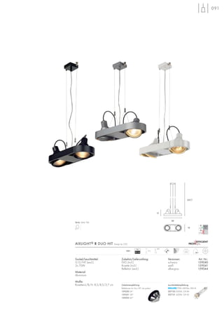 091
Sockel/Leuchtmittel:
G12/HIT (excl.)
2x 70W
Material:
Aluminium
Maße:
Rosetten-L/B/H: 8,5/8,5/2,7 cm
Zubehör/Lieferumfang:
EVG (incl.)
Rosette (incl.)
Reflektor (excl.)
Versionen: Art. Nr.:
schwarz 159040
weiß 159041
silbergrau 159044
AIXLIGHT® R DUO HIT Design by CDC
3,65
2m
90°
230~
Serie: Seite 166
Zubehörempfehlung:
Reflektoren für Duo HIT, alu poliert
159200 24°
159201 38°
159202 60°
VG
EEI=A2
48
15
207,7
18
Leuchtmittelempfehlung:
70W, 6600lm, EEK=A
507130 3000K, CRI 84
507131 4200K, CRI 92
 