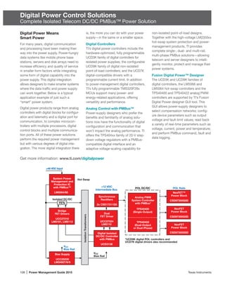 108 | Power Management Guide 2015	 Texas Instruments
Digital Power Control Solutions
Complete Isolated Telecom DC/DC PMBus™ Power Solution
Digital Power Means
Smart Power
For many years, digital communication
and processing have been making their
way into the power supply. Power-hungry
data systems like mobile phone base
stations, servers and disk arrays need to
increase efficiency and quality of service
in smaller form factors while integrating
some form of digital capability into the
power supply. This digital integration
allows designers to make smarter systems
where the data traffic and power supply
can work together. Below is a typical
application example of just such a
“smart” power system.
Digital power products range from analog
controllers with digital blocks for config­ur­
ation and telemetry and a digital port for
communication, to complex microcon-
trollers with multiple processors, digital
control blocks and multiple communica-
tion ports. All of these power solutions
perform the required power management
but with various degrees of digital inte­­
gration. The more digital integration there
is, the more you can do with your power
supply—in the same or a smaller space.
Digital Controllers
TI’s digital power controllers include the
hardware-optimized, fully programmable
UCD3K family of digital controllers for
isolated power supplies; the configurable
UCD9K family of digital non-isolated
point-of-load controllers; and the UCD7K
digital-compatible drivers with a
pro­gram­mable current limit. In addition
to power-management digital controllers,
TI’s fully programmable TMS320F28x
MCUs support many power- and
energy-related applications, offering
versatility and performance.
Analog Control with PMBus™
Power-supply designers who prefer the
benefits and familiarity of analog solu-
tions now have the functionality of digital
configuration and communication that
won’t impact the analog performance. TI
offers the TPS404xx family of 20-V step-
down voltage regulators with a PMBus-
compatible digital interface and an
adaptive voltage-scaling capability for
non-isolated point-of-load designs.
Together with the high-voltage LM(2)50xx
hot-swap system protection and power-
management products, TI provides
complete single-, dual- and multi-rail,
multi-phase PMBus solutions—allowing
telecom and server designers to intelli-
gently monitor, protect and manage their
power systems.
Fusion Digital Power™ Designer
The UCD3K and UCD9K families of
digital controllers, the LM5066 and
LM5064 hot-swap controllers and the
TPS40400 and TPS40422 analog PWM
controllers are supported by TI’s Fusion
Digital Power designer GUI tool. This
GUI allows power-supply designers to
select compensation networks; config-
ure device parameters such as output
voltage and fault-limit values; read back
a variety of real-time parameters such as
voltage, current, power and temperature;
and perform PMBus command, fault and
data logging.
System Power
Management and
Protection IC
with PMBus™
LM5064/66
+12 VDC
Intermediate Bus
POL Rails
Hot Swap
Isolated DC/DC
TPS40400
(Single-Output)
POL DC/DC
±48 VDC Input
TPS40422
(Dual-Output
or Dual-Phase)
Analog PWM
System Controller
with PMBus*
Digital Isolated
DC/DC Controller
with PMBus
UCD3138
Bridge
FET Drivers
UCC27210
LM5101, LM5113
*UCD9K digital POL controllers and
UCD7K digital drivers also recommended
Dual
FET Driver
UCC27524
LM5110
Bias Supply
UCC25230
LM34927/6/5
VCC
Bias Rail
VCC
Bias Rail
NexFET™
Power Block
CSD87350Q5D
NexFET
Power Block
CSD87350Q5D
NexFET
Power Block
CSD87350Q5D
Synchronous
Rectiﬁers
2x CSD17311Q5
IsolationTransformers
FETs
Get more information: www.ti.com/digitalpower
 