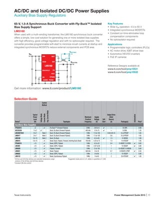 Texas Instruments	 Power Management Guide 2015 | 11
AC/DC and Isolated DC/DC Power Supplies
Auxiliary Bias Supply Regulators
65-V, 1.5-A Synchronous Buck Converter with Fly-Buck™ Isolated
Bias Supply Support
LM5160
When used with a multi-winding transformer, the LM5160 synchronous buck converter
offers a simple, low-cost solution for generating one or more isolated bias supplies
with high efficiency, good voltage regulation and with no optocoupler required. The
converter provides programmable soft-start to minimize inrush currents at startup and
integrated synchronous MOSFETs reduce external components and PCB area.
Key Features
•	 Wide VIN operation: 4.5 to 65 V
•	 Integrated synchronous MOSFETs
•	 Constant on-time eliminates loop
compensation components
•	 No optoisolator required
Applications
•	 Programmable logic controllers (PLCs)
•	 AC motor drive; IGBT driver bias
•	 Automotive HEV/EV inverters
•	 PoE IP cameras
Reference Designs available at:
www.ti.com/tool/pmp10531
www.ti.com/tool/pmp10532
Get more information: www.ti.com/product/LM5160
VIN
VOUT-PRI
AGND PGNDAGND
VIN
EN/UVLO
RON
SS
SW
BST
VCC
FB
FPWM
LM5160
VOUT-SEC
Selection Guide
Device1
Typical
Power
Level
(W)
Control
Method
Topologies
Maximum
Practical
Frequency
Supply
Voltage
(V)
Soft
Start
Output Drive
(Sink/
Source)
(A) Package(s)
Automotive
Price*
VoltageMode
CurrentMode
Avg.CurrentMode
Auxiliary Bias Supplies
TPS55010 2 4 Fly-Buck™ (Forward Flyback) 2 MHz 2.95 to 6 4 — 16-QFN 0.99
UCC25230 1 to 2 4 Buck, Fly-Buck (Forward Flyback) 445 kHz 12 to 75 4 — 8-SON 1.35
LM34927/6/5 3 to 7 Note 2 Buck, Fly-Buck (Forward Flyback) 1 MHz 7.5 to 100 0.6/0.3/0.15 8-LLP/PSOP 1.65
LM5017 3 to 7 Note 2 Buck, Fly-Buck (Forward Flyback) 1 MHz 7.5 to 100 0.6 8-LLP/PSOP 1.65
LM5160 3 to 15 Note 2 Buck, Fly-Buck 1 MHz 4.5 to 65 4 1.5 12-WSON 1.80
LM5015 5 to 15 4 Boost, Buck, Flyback, Forward, Inverting Buck-Boost 750 kHz 4.25 to 75 1.4 14-HTSSOP 1.85
TPS40210 15 4 Boost, SEPIC, Flyback 1 MHz 4.5 to 52 0.4 10-MSOP, 10-VSON 4 0.80
LM3481 15 4 Boost, SEPIC, Flyback 1 MHz 2.97 to 48 1 10-VSSOP 4 0.80
LM5020 15 4 Flyback, Forward 1 MHz 13 to 100 1 10-VSSOP, 10-WSON 0.80
LM5021 15 4 Boost, Flyback 560 kHz 8 to 30 0.7 8-VSSOP, 8-PDIP 4 0.50
LM5022 15 4 Boost, SEPIC, Flyback 1 MHz 6 to 60 1 10-VSSOP 0.90
LM5122 15 4 Boost, Synchronous Flyback 1 MHz 3 to 65 2 20-HTSSOP 4 1.80
1
UC2xxx and UCC2xxx devices are extended temperature-range	 *Suggested resale price in U.S. dollars in quantities of 1,000.	
versions of the UC3xxx and UCC3xxx devices.
2
Constant ON-time control.
 