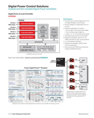 110 | Power Management Guide 2015	 Texas Instruments
Digital Power Control Solutions
Isolated and Non-Isolated Digital Power Controllers
Digital Point-of-Load Controller
UCD9248
Key Features
•	 Controls up to 8 power stages and up to
4 voltage-feedback control loops
•	 Output voltage is configurable from 0.4
to 4.0 V
•	 Flexible configuration to control:
Four single or two dual power stages,
Two 4-phase power stages, or
One 2-, 4-, 6- or 8-phase power stage
•	 Switching frequencies of up to 2 MHz
•	 Supports conversion ratio of 12:1 at
2 MHz with 250-ps duty-cycle resolution
•	 ±1-mV feedback resolution
•	 Hardware-accelerated, digital 3-pole/
3-zero compensator
•	 Can synchronize PWM clocks between
multiple UCD9248 devices
Diff Input 1
PWM1 Outputs
Diff Input 2
PWM2 Outputs
Diff Input 3
PWM3 Outputs
Diff Input 4
PWM4 Outputs
Fusion Power Peripheral
Fusion Power Peripheral
Fusion Power Peripheral
Internal Data Bus
± 800-mV
Reference
0.5%,
PMBus™
33-MHz
Oscillator
Linear
Regulator
Watchdog
2 Counters/
Timers
33-MHz ARM7™ CPU Core
Data Flash w/ECC Up to 16 x 12-Bit, 200-kHz Channels
and 4 Comparators for Monitoring:
Voltage Current Temperature
Fusion Power Peripheral
UCD9248
UCD9248 controller overview.
Graphical user interface (GUI) Digital Power developer tool simplifies the design process.
PMBus™
1.2V
3.3V
1.8V
1.5V
1.8V
1.2V
3.3V
12 DSPs
PLL
1.8V
RGMII
1.5V
Rapid I/O
1.2 V
Digital Power
UCD9248
Multiprocessor, multiple-supply-rail
­systems (three single-phase outputs
and one dual-phase output) featuring
UCD9248 and first-­generation PTD
modules.
Fusion Digital Power™ Designer
Get more information: www.ti.com/product/UCD9248
 