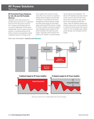 48 | Power Management Guide 2015	 Texas Instruments
RF Power Solutions
Overview
RF Front End Power Solutions
for 2G, 3G and 4G Portable
Devices
Operation of the radio circuitry in a
portable device accounts for a significant
amount of the total power consump-
tion—leading to less battery life and
more heat. Traditionally, the RF power
amplifier (PA), which is used to drive the
antenna, is connected directly to the
battery. However, this approach wastes
a significant amount of energy as the
RF Power
Detector
Adaptive
Supply for PA
Applications
Processor
Baseband
Processor
Transceiver
Power
Ampliﬁer
Tx/Rx
Switch
Traditional Supply for RF Power Ampliﬁer
VCC
TI Adaptive Supply for RF Power Ampliﬁer
VCC
Wasted Energy/Heat
Energy/Heat Savings
RF power solutions from TI enable efficient RF front-end designs.
PA is supplied with maximum power
when often only a fraction is required to
reliably ensure wireless voice and data
connection. TI’s portfolio of RF power
management products delivers energy
and heat saving solutions that enable
higher performing RFFE systems. Supply
for Power Amplifier products are dynami-
cally adjustable power supplies for RF
power amplifiers that optimize power
usage—especially when maximum PA
power is not needed—to extend battery
life and reduce heat dissipation. TI’s
family of RF detectors provides transmit
power control so that only the neces-
sary amount of power is used, saving
power and increasing transmission
range. These RF detectors feature high
linearity and accuracy over temperature
to reduce PA power guard-band require-
ments for more coverage range, battery
power savings, and increased channel
quality.
Get more information: www.ti.com/rfpower
 