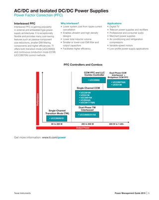 Texas Instruments	 Power Management Guide 2015 | 5
AC/DC and Isolated DC/DC Power Supplies
Power Factor Correction (PFC)
Interleaved PFC
Interleaved PFC is gaining popularity
in external and embedded-type power-
supply architec­tures. It is exceptionally
flexible and provides many cost-saving
features such as passive-component
size reductions, smaller EMI filter­ing
components and higher efficiencies. TI
offers both transition mode (UCC28063)
and continuous conduction mode (CCM)
(UCC28070A) control methods.
Why Interleave?
•	 Lower system cost from ripple-current
cancellation
•	 Enables ultraslim and high-density
designs
•	 Lower total inductor volume
•	 Smaller or lower-cost EMI filter and
output capacitors
•	 Facilitates higher efficiency
Applications
•	 Digital TV
•	 Telecom power supplies and rectifiers
•	 Professional and consumer audio
•	 Merchant power supplies
•	 Air conditioning and refrigeration
compressors
•	 Variable-speed motors
•	 Low-profile power-supply applications
Get more information: www.ti.com/power
Single-Channel
Transition Mode (TM)
Dual-Phase TM
Interleaved
Single-Channel CCM
CCM PFC and LLC
Combo Controller
Dual-Phase CCM
Interleaved +
Bridgeless CCM PFC
80 to 200 W 200 to 800 W 800 W to 1 kW+
• UCC28070(A)
• UCD3138
• UCC28180
• UCD3138
• UCC28019A
• UC2854(A)
• UCC2817/18(A)
• UCC28060/61/63
• UCC29950
• UCC28050/51
Performance
Output Power
PFC Controllers and Combos
 