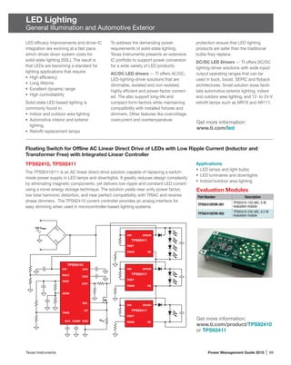 Texas Instruments	 Power Management Guide 2015 | 69
LED Lighting
General Illumination and Automotive Exterior
Floating Switch for Offline AC Linear Direct Drive of LEDs with Low Ripple Current (Inductor and
Transformer Free) with Integrated Linear Controller
TPS92410, TPS92411
The TPS92410/11 is an AC linear direct-drive solution capable of replacing a switch-
mode power supply in LED lamps and downlights. It greatly reduces design complexity
by eliminating magnetic components, yet delivers low-ripple and constant LED current
using a novel energy storage technique. The solution yields near unity power factor,
low total harmonic distortion, and near perfect compatibility with TRIAC and reverse
phase dimmers. The TPS92410 current controller provides an analog interface for
easy dimming when used in microcontroller-based lighting systems.
LED efficacy improvements and driver-IC
integration are evolving at a fast pace,
which drives down system costs for
solid-state lighting (SSL). The result is
that LEDs are becoming a standard for
lighting applications that require:
•	 High efficiency
•	 Long lifetime
•	 Excellent dynamic range
•	 High controllability
Solid-state LED-based lighting is
commonly found in:
•	 Indoor and outdoor area lighting
•	 Automotive interior and exterior
lighting
•	 Retrofit replacement lamps
To address the demanding power
requirements of solid-state lighting,
Texas Instruments presents an extensive
IC portfolio to support power conversion
for a wide variety of LED products.
AC/DC LED drivers — TI offers AC/DC,
LED-lighting-driver solutions that are
dimmable, isolated and non-­isolated,
highly efficient and power-factor correct-
ed. The also support long-life and
compact form-factors while maintaining
compatibility with installed fixtures and
dimmers. Other features like overvoltage,
overcurrent and overtemperature
protection ensure that LED lighting
products are safer than the traditional
bulbs they replace.
DC/DC LED Drivers — TI offers DC/DC
lighting-driver solutions with wide input/
output operating ranges that can be
used in buck, boost, SEPIC and flyback
architectures. Small solution sizes facili-
tate automotive exterior lighting, indoor
and outdoor area lighting, and 12- to 24-V
retrofit lamps such as MR16 and AR111.
Applications
•	 LED lamps and light bulbs
•	 LED luminaires and downlights
•	 Indoor/outdoor area lighting
Get more information:
www.ti.com/product/TPS92410
or TPS92411
Evaluation Modules
Part Number Description
TPS92410EVM-001
TPS92410 120-VAC, 5-W
evaluation module
TPS92410EVM-002
TPS92410 230-VAC, 9.2-W
evaluation module
Get more information:
www.ti.com/led
VIN
RSET
TPS92411
RSNS
DRAIN
VS
VIN
RSET
TPS92411
RSNS
DRAIN
VS
VIN
RSET
TPS92411
RSNS
DRAIN
VS
+–
120 VRMS
VIN
MULT
VREF
ADIM
TSNS
VCC COMP GND
CDD
DOV
CS
CPS
GDL
RCS
TPS92410
 