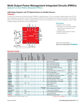 Texas Instruments	 Power Management Guide 2015 | 89
Multi-Output Power Management Integrated Circuits (PMICs)
Special Function PMICs (Wearable PMICs)
Selection Guide
Device
VIN
(V)
No.ofRegulator
Outputs
Charger
WLEDBoost
DC/DCStep-Down
Converter
LDO
DC/DCStep-Up
Converter
Communication
Interface
Description Package(s) Price*
LM10502 2.5 to 5.5 3 — — 2 1 — SPI PMIC for SSD memory Micro SMD-34 0.90
LP3910 2.5 to 6 5 Linear — 2 2 1 I2
C PMIC for HDD-based media player WQFN-48 2.11
LP3913 2.5 to 6 5 Linear — 3 2 — I2
C PMIC for flash-based media player WQFN-48 2.11
LP3918 3 to 5.5 7 Linear — — 7 — I2
C Battery charge management PMIC DSBGA-25 0.53
LP3921 3 to 5.5 7 Linear — — 7 — I2
C Battery management PMIC for audio amp WQFN-32 0.90
LP3923 3 to 5.5 8 Linear — — 8 — I2
C Cell phone PMIC DSBGA-30 0.60
LP3925 2.5 to 4.5 18 Linear — 3 15 — I2
C High-performance PMIC for handsets w/USB 2.0 DSBGA-30 1.40
LP3927 3 to 5.5 5 — — — 5 — — PMIC for cellular/handsets WQFN-28 2.16
TPS65030 2.5 to 6 1 — — — 1 — — Three charge pumps for USB OTG 25-ball chip scale 2.75
TPS65090 5.0 to 17.0 5 Switch — 3 2 — I2
C Front-end PMIC for two to three Li-Ion in series QFN-100 4.95
TPS65200 2.5 to 6.5 0 Switch Yes — — — I2
C Front-end PMIC with charger+WLED WCSP, QFN 2.45
TPS65233 4.5 to 20 2 — — — 1 1 I2
C LNB voltage regulator for satellites QFN-16 0.90
TPS65291 4 to 10 3 — — 2 1 — I2
C Meters, energy harvesting, +10-year battery HTSSOP-14 1.50
TPS65290 2.5 to 5.5 2 — — 1 1 — I2
C Meters, energy harvesting, +10-year battery QFN-24 1.75
TPS65471 2.7 to 5.75 5 Linear Yes — 4 1 — PMIC for handheld devices QFN-40 2.25
TPS65510 2.7 to 5.5 5 — — — 4 1 — Battery-backup IC QFN-16 1.50
TPS65530/30A 1.5 to 5.5 9 — — 7 1 1 — PMIC for digital still cameras QFN-48 3.90
TPS657120 2.8 to 5.5 — — — 3 2 —
MIPI®
RFFE,
2x GPIO
PMIC for baseband and RF-PA power WCSP-30 1.95
TPS65735/x835 2.5 to 6.4 2 Linear — — 1 — — 3D glasses, x835 with MSP430™ QFN-40 1.25
TPS658310 3.0 to 6.0 0 Switch Yes — — — I2
C Front-end PMIC with charger+flash+WLED WCSP-49 3.45
TPS657202 2.2 to 5.6 3 Linear — 1 1 — I2
C Charger with Power path DSBGA-25 TBD
TPS68470 2.97 to 3.63 6 — Yes 1 5 — I2
C Dual Flash LED driver, CLK, GPIOs WCSP 1.15
*Suggested resale price in U.S. dollars in quantities of 1,000.	 New devices are listed in bold red. Preview devices are listed in bold teal.
LNB Voltage Regulator with I2
C Digital Interface for Satellite Receiver
TPS65233
Get more information:
www.ti.com/product/TPS65233
TI recently won design-ins and secured socket TPS65233 in satellite receivers. This is a monolithic voltage regulator with I2
C inter-
face, specifically to provide the 13-V/18-V power supply and the 22-kHz tone signaling to the LNB down-converter in the antenna
dish or to the multi-switch box. It offers a complete solution with very low component count, low power dissipation, simple design,
smallest package, high efficiency and cost effectiveness.
Key Features
•	 Support 5-V/12-V system
•	 Providing 13-V/18-V output voltage
and 22-kHz tune generator with
configurability
•	 Adaptive scaling dropout voltage
•	 Support DisEqC 1.x
22 µH
BOOST
VCP
VLNB
EXTM
VCTRL
SDA
SCL/
VADJ
TCAP
TPS65233
PGND
EN/ADDR
FAULT
ISEL
16
1 2 3
8
7
6
5
4
15
14
13
9101112
22 nF
1 µF 1 µF
22 µF
(25 V)
VIN
2 x 22 µF
(25 V)
VOUT
130 kΩ
100 nF
13/18V
 