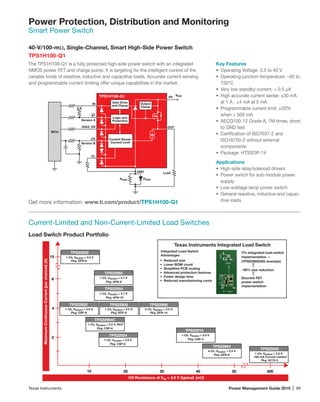 Texas Instruments	 Power Management Guide 2015 | 99
Power Protection, Distribution and Monitoring
Smart Power Switch
Load Switch Product Portfolio
10 3020 40 50 400
2
4
6
15
ON Resistance at VIN = 3.6 V (typical) (mΩ)
MaximumContinuousCurrent(perchannel)(A)
TPS22924
Pkg: CSP-6
1-Ch, VIN,MAX = 3.6 V
TPS22964C
Pkg: CSP-6
TPS22915
Pkg: CSP-4
TPS22994
Pkg: QFN-8
TPS22945
100-mA Current Limited
Pkg: SC70-5
TPS22958
Pkg: SOP-8
TPS22968
Pkg: QFN-14
TPS22959
TPS22965
Pkg: QFN-8
1-Ch, VIN,MAX = 5.5 V
Pkg: QFN-8
1-Ch, VIN,MAX = 5.7 V
1-Ch, VIN,MAX = 5.5 V 2-Ch, VIN,MAX = 5.5 V
1-Ch, VIN,MAX = 5.5 V, RCP
1-Ch, VIN,MAX = 5.5 V
4-Ch, VIN,MAX = 5.5 V
1-Ch, VIN,MAX = 5.5 V
Texas Instruments Integrated Load Switch
Integrated Load-Switch
Advantages
• Reduced size
• Lower BOM count
• Simpliﬁed PCB routing
• Advanced protection features
• Faster design time
• Reduced manufacturing costs
TI’s integrated load-switch
implementation —
(TPS22965DSG example)
~90% size reduction
Discrete FET
power-switch
implementation
⇑
⇑
TPS22920
Pkg: CSP-8
1-Ch, VIN,MAX = 3.6 V
TPS22954
Pkg: QFN-10
1-Ch, VIN,MAX = 5.7 V
40-V/100-mΩ, Single-Channel, Smart High-Side Power Switch
TPS1H100-Q1
The TPS1H100-Q1 is a fully protected high-side power switch with an integrated
NMOS power FET and charge pump. It is targeting for the intelligent control of the
­variable kinds of resistive, inductive and capacitive loads. Accurate current sensing
and programmable current limiting offer unique capabilities in the market.
Key Features
•	 Operating Voltage: 3.5 to 40 V
•	 Operating junction temperature: –40 to
150°C
•	 Very low standby current:  0.5 µA
•	 High accurate current sense: ±30 mA
at 1 A , ±4 mA at 5 mA
•	 Programmable current limit: ±20%
when  500 mA
•	 AECQ100-12 Grade A, 1M times, short
to GND test
•	 Certification of ISO7637-2 and
ISO16750-2 without external
components
•	 Package: HTSSOP-14
Applications
•	 High-side relay/solenoid drivers
•	 Power switch for sub-module power
supply
•	 Low-wattage lamp power switch
•	 General resistive, inductive and capac-
itive loadsGet more information: www.ti.com/product/TPS1H100-Q1
Logic and
Protection
Gate Drive
and Clamp
Output
Clamp
Version A
Version B
DIAG_EN
IN
MCU
VS
Load
RGND DGND
OUT
GND
5 V
VBATTPS1H100-Q1
ST
CS
CL
Current Sense/
Current Limit
Current-Limited and Non-Current-Limited Load Switches
 