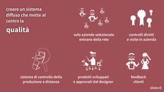 qualità
creare un sistema
diﬀuso che mette al
centro la
solo aziende selezionate
entrano della rete
controlli diretti
e visite in azienda
sistema di controllo della
produzione a distanza
prodotti sviluppati
e approvati dal designer
slow/d
feedback
clienti
 