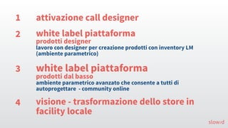 slow/d
attivazione call designer1
white label piattaforma
prodotti designer
lavoro con designer per creazione prodotti con inventory LM
(ambiente parametrico)
2
white label piattaforma
prodotti dal basso
ambiente parametrico avanzato che consente a tutti di
autoprogettare - community online
3
visione - trasformazione dello store in
facility locale
4
 