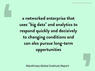 ‘ ‘
MacKinsey Global Institute Report
a networked enterprise that
uses "big data" and analytics to
respond quickly and decisively
to changing conditions and
can also pursue long-term
opportunities
@andrecatta / andrea@slowd.it
 
