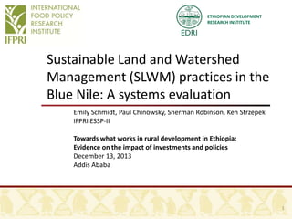 ETHIOPIAN DEVELOPMENT
RESEARCH INSTITUTE

Sustainable Land and Watershed
Management (SLWM) practices in the
Blue Nile: A systems evaluation
Emily Schmidt, Paul Chinowsky, Sherman Robinson, Ken Strzepek
IFPRI ESSP-II
Towards what works in rural development in Ethiopia:
Evidence on the impact of investments and policies
December 13, 2013
Addis Ababa

1

 