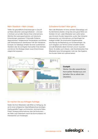 Mehr Überblick = Mehr Umsatz.

Zufriedene Kunden? Aber gerne.

Treffen Sie geschäftliche Entscheidungen in Zukunft
auf Basis relevanter Leistungsindikatoren – und zwar
in Echtzeit und auf allen Ebenen Ihres Unternehmens.
Möchten Sie Leistungsschwächen und historische
Entwicklungen analysieren? Potenzielle Probleme
diagnostizieren? Vergleichende Trendanalysen durchführen
oder Verkaufschancen identifizieren? Mit den interaktiven
Cockpits von Saleslogix erhalten Sie einen ausführlichen
Überblick über die wichtigsten Kennzahlen Ihres Vertriebs
und können Ihre Strategie diesen neuen Erkenntnissen
zielgerichtet anpassen.

Wenn alle Mitarbeiter mit einer zentralen Datenablage und
Kundenhistorie arbeiten, bringt dies eine ganze Reihe von
Vorteilen mit sich: Jeder Mitarbeiter kann sofort sehen,
was mit einem Kunden besprochen wurde. Das mühsame
Heraussuchen von Informationen und Nachfragen bei
Kollegen entfällt. Die strukturierte Vorgehensweise
beschleunigt die Bearbeitung von Kundenanfragen. Da
auch Aufgaben und Termine zentral verwaltet werden,
sind alle Mitarbeiter allzeit informiert und am neuersten
Stand. So stellen auch Urlaubs- oder Krankheitszeiten Ihrer
Mitarbeiter keine Schwierigkeiten mehr dar. Das Ergebnis:
Ihre Kunden fühlen sich optimal betreut.

Cockpit:
Werten Sie alle wesentlichen
Kennzahlen flexibel aus und
behalten Sie so allzeit den
Überblick.

So machen Sie aus Anfragen Aufträge.
Stellen Sie Ihren Mitarbeitern alle Mittel zur Verfügung, die
sie für einen erfolgreichen Geschäftsabschluss benötigen.
Häufig gestellte Fragen und Antworten, technische Daten,
Preise, Hintergrundinformationen über die Konkurrenz –
die Sales Logix-Datenbank macht die Kommunikation mit
Interessenten zum Kinderspiel.

www.saleslogix.com/de

5

 
