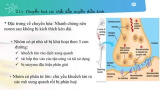 * Đặc trưng về chuyển hóa: Nhanh chóng nên
noron sau không bị kích thích kéo dài.
+ Nhóm có pt nhỏ sẽ bị khử hoạt theo 3 con
đường:
 khuếch tán vào dịch xung quanh
 tái hấp thu vào cúc tận cùng và tái sử dụng
 bị enzyme đặc hiệu phân giải
+ Nhóm có phân tử lớn: chủ yếu khuếch tán ra
các mô xung quanh rồi bị phân huỷ
2.1.3 Chuyển hoá các chất dẫn truyền thần kinh.
 